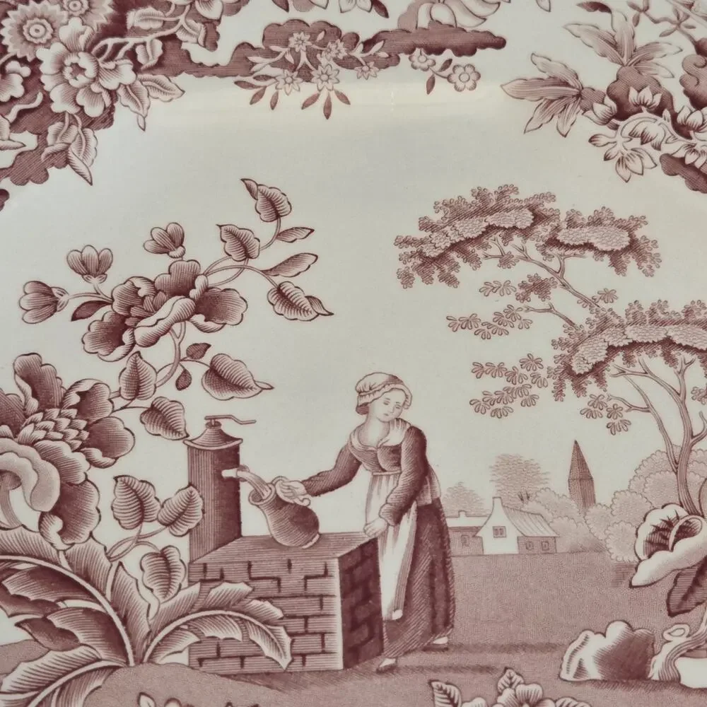 Spode Archive Sutherland Collection Girl at Well Octagonal Red Dinner Plate 9.5